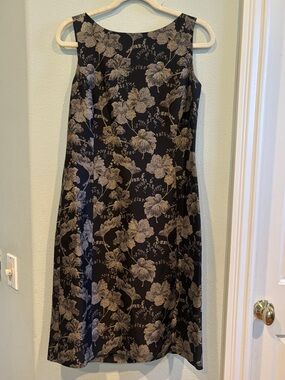 Ann Taylor Black Midi Dress with Gold Floral Jacquard